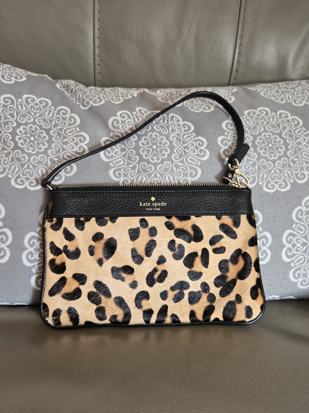 Kate Spade Calf Hair Leopard Print Wristlet in Black and Tan